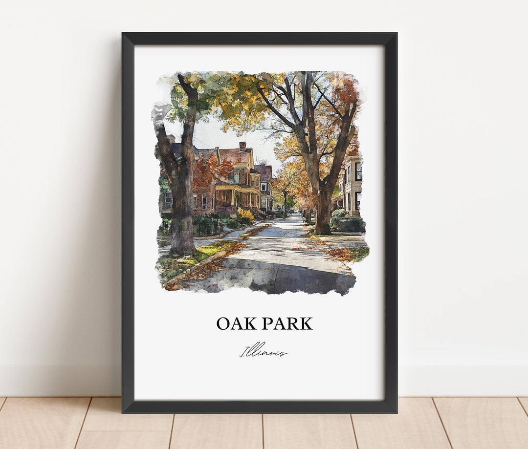 Watercolor travel art print of Oak Park, Illinois featuring a quiet, tree-lined residential street with historic homes and autumn leaves on the ground, displayed in a black frame