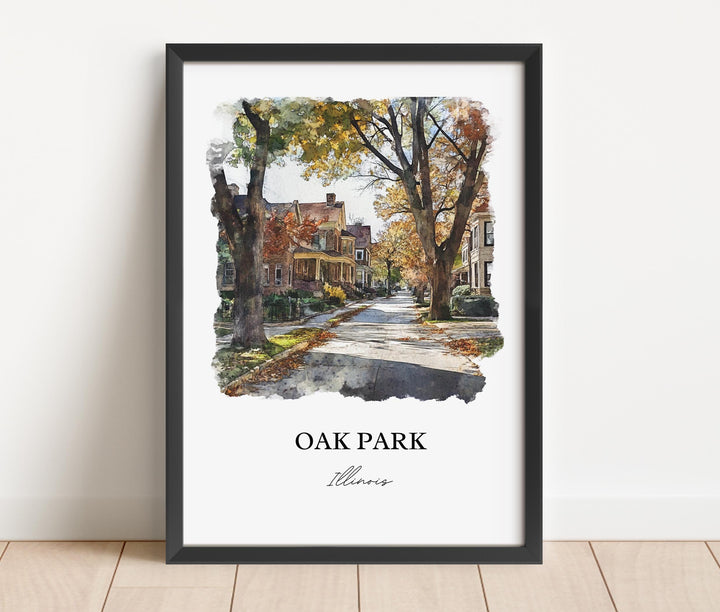 Watercolor travel art print of Oak Park, Illinois featuring a quiet, tree-lined residential street with historic homes and autumn leaves on the ground, displayed in a black frame