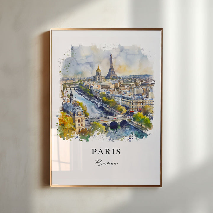 Watercolor travel art print of Paris, France featuring an aerial vista of the Seine River, arched bridges, and historic city buildings leading toward the Eiffel Tower and golden dome of Les Invalides, displayed in our gold metal frame.