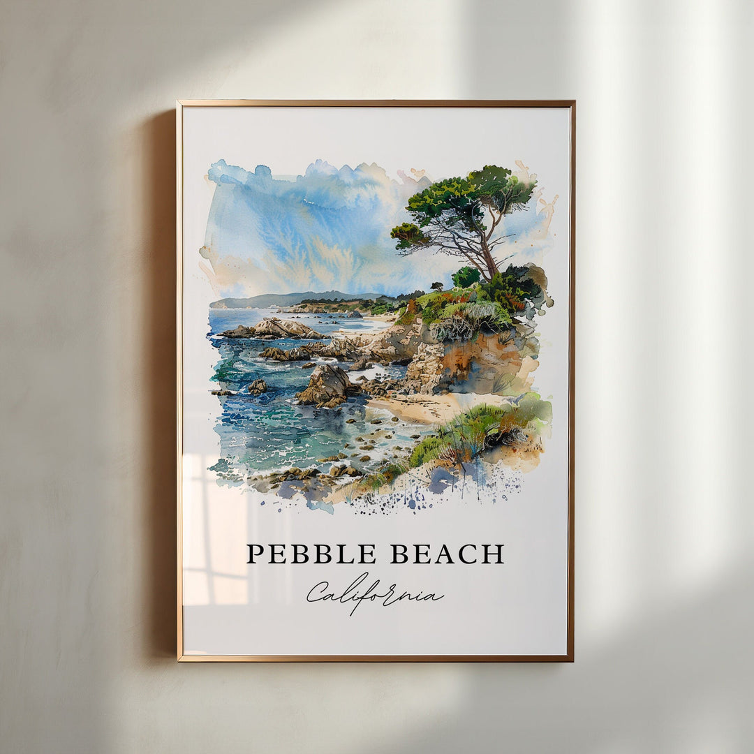 Watercolor travel art print of Pebble Beach, California featuring a coastal cypress tree on rocky cliffs overlooking a sandy beach cove and blue ocean waves, displayed in a gold vertical frame.