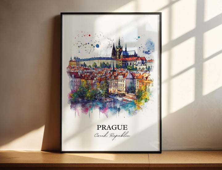 Watercolor travel art print of Prague, Czech Republic featuring the Prague Castle complex and St. Vitus Cathedral over historic red-roofed buildings and river reflections, displayed in a black frame with window shadow lighting.