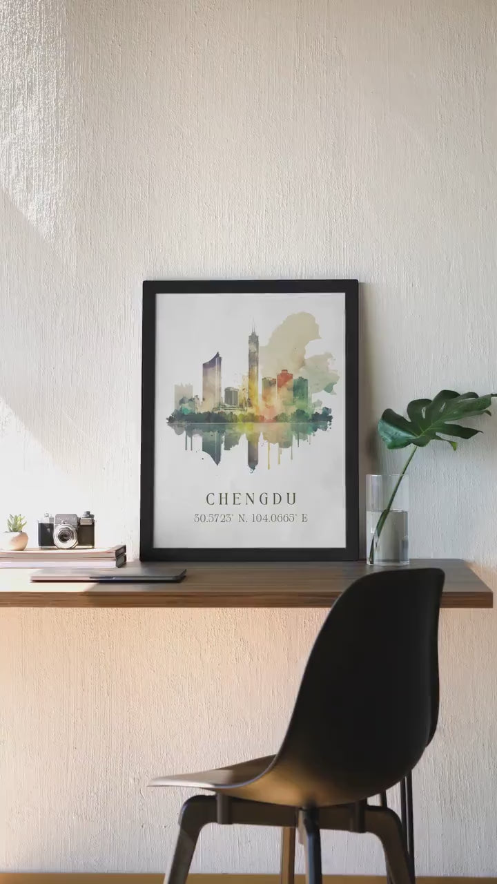 Chengdu, China Watercolor Matte Canvas, Black Frame