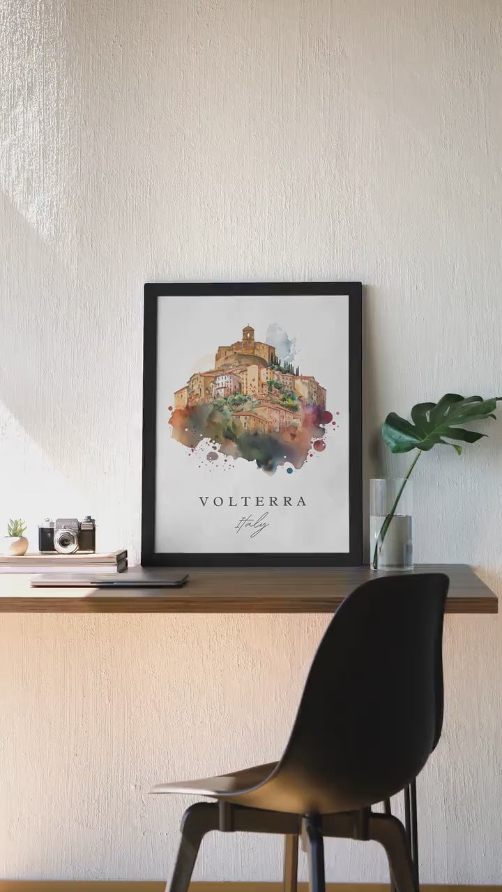 Volterra, Italy Watercolor Canvas Art, Black Frame or Digital Download Option