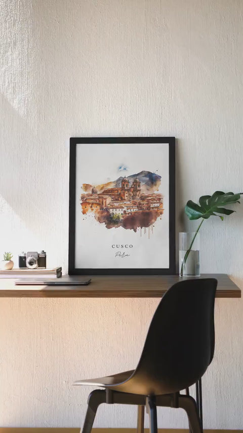 Cusco's Charm: A Framed Watercolor Painting of Peru's Ancient Capital, Matte Canvas