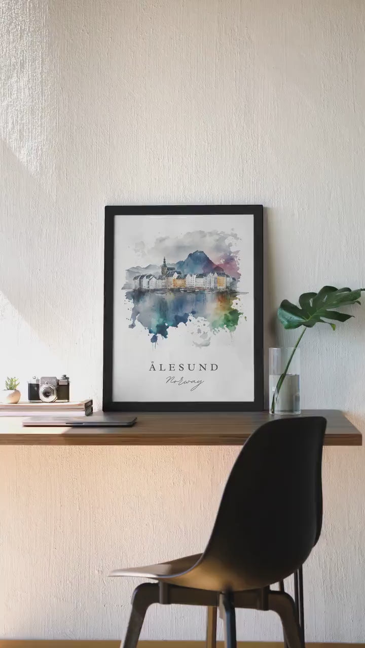 Alesund, Norway Watercolor Matte Canvas, Black Frame or Digital Download Option