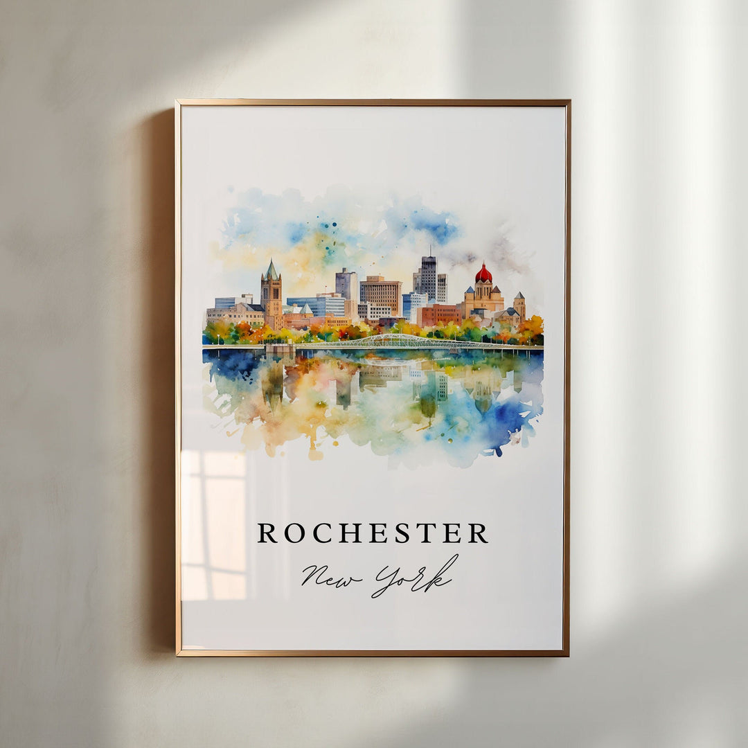 Watercolor travel art print of Rochester, New York featuring the downtown city skyline and historic architectural landmarks reflecting beautifully over the Genesee River, displayed in a gold vertical frame.