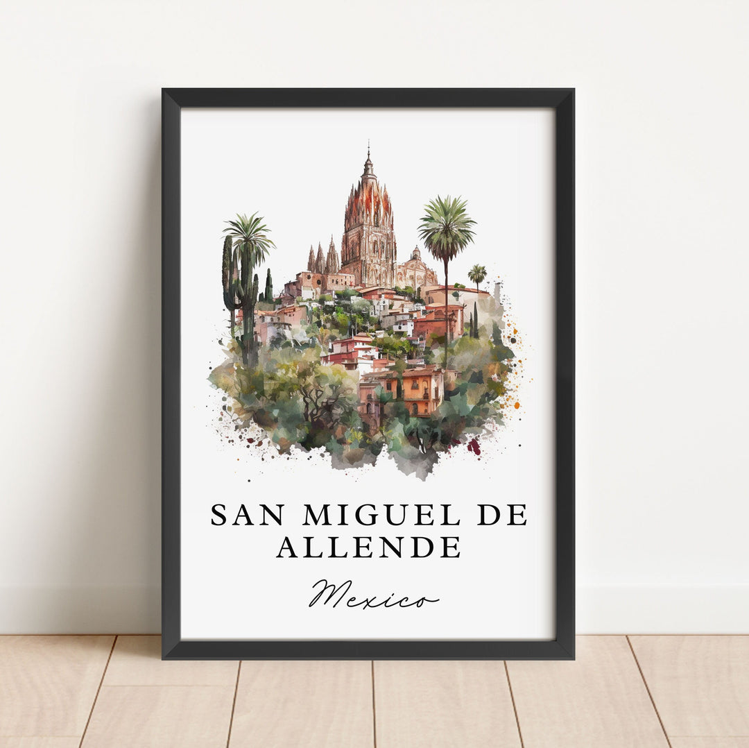 Watercolor travel art print of San Miguel de Allende, Mexico featuring the iconic pink Parroquia church towering over colonial hillside houses, palm trees, and cacti, displayed in a black vertical frame.