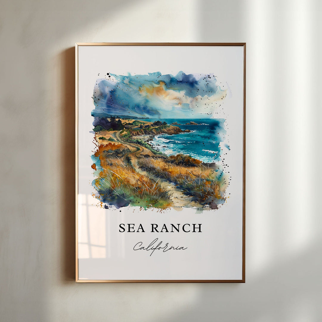 Watercolor travel art print of Sea Ranch, California featuring a path through golden coastal meadows along a rugged rocky ocean coastline under a dramatic sky, displayed in a gold vertical frame.