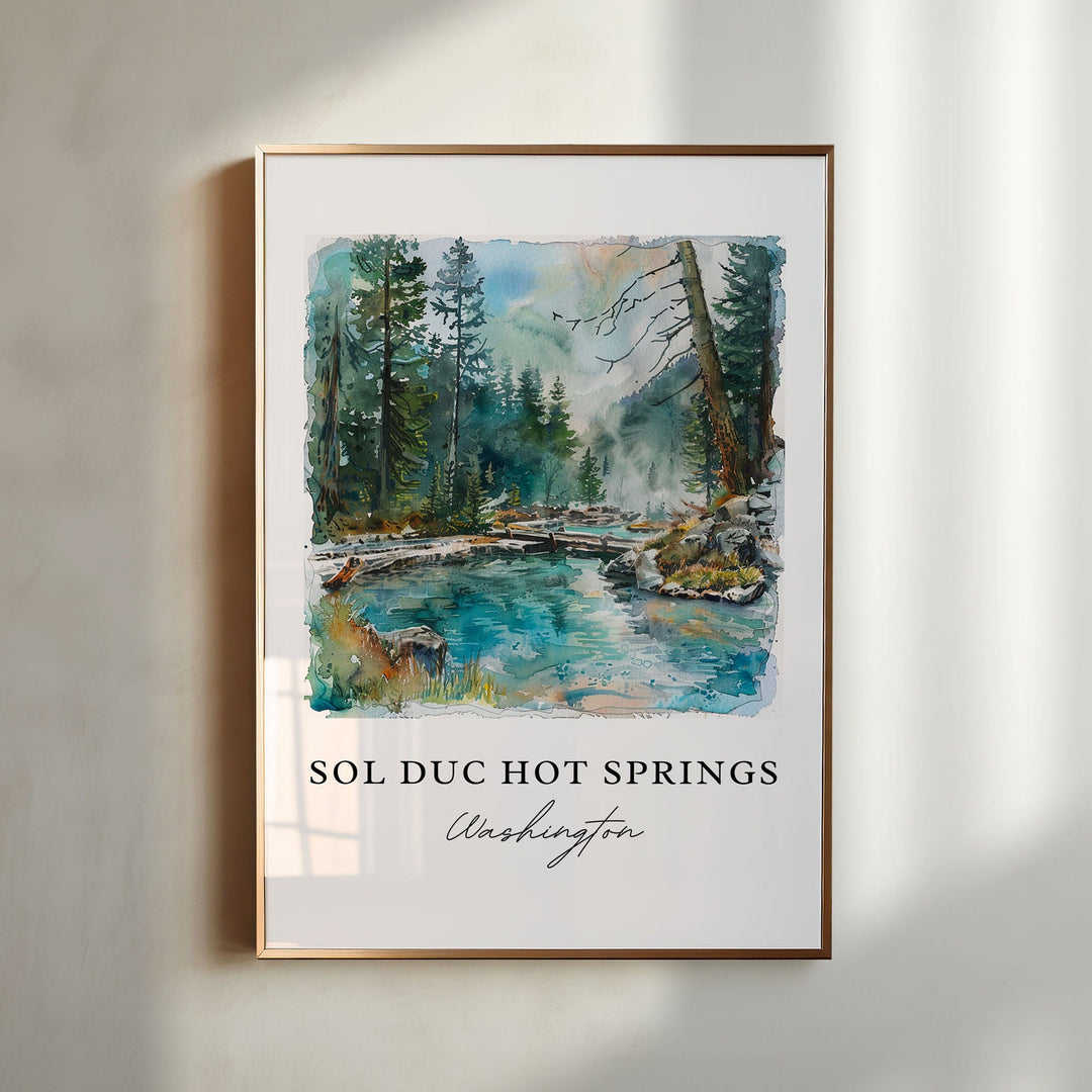 Watercolor travel art print of Sol Duc Hot Springs in Washington featuring a serene turquoise pool surrounded by a lush evergreen forest, displayed in a gold vertical frame.