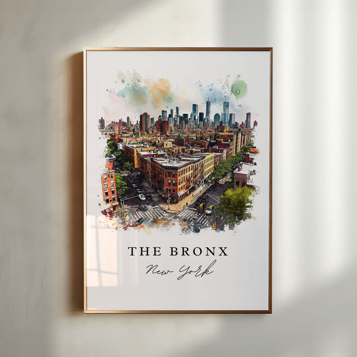 Watercolor travel art print of The Bronx, New York featuring historic brick brownstone apartment buildings and city streets in the foreground with the Manhattan skyline in the background, displayed in a gold vertical frame.