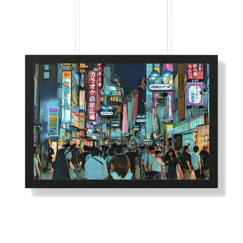 The Streets of Tokyo, Japan Framed Horizontal Picture Edit -- Pencil Drawn Style