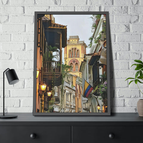 Cartagena Colombia Watercolor Street Scene - Artificially made Framed Poster Print - Unique Home Decor