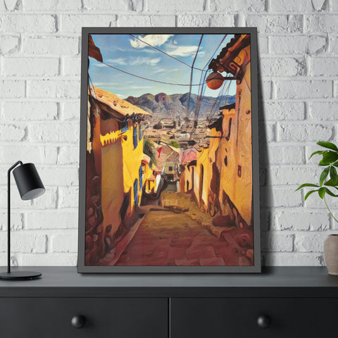 Cusco Peru Artificial Watercolor Street Scene - Framed Poster Print - Unique Home Decor