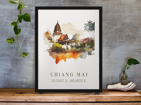 Chiang Mai traditional travel art - Thailand, Chiang Mai poster, Wedding gift, Birthday present, Custom Text, Personalised Gift
