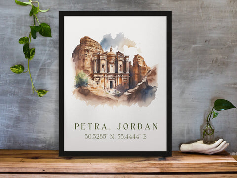Petra traditional travel art - Jordan, Petra poster, Wedding gift, Birthday present, Custom Text, Personalised Gift