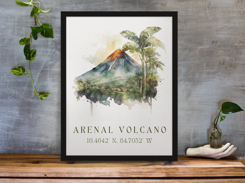 Arenal Volcano traditional travel art - Costa Rica, Mount Arenal poster, Wedding gift, Birthday present, Custom Text, Personalised Gift