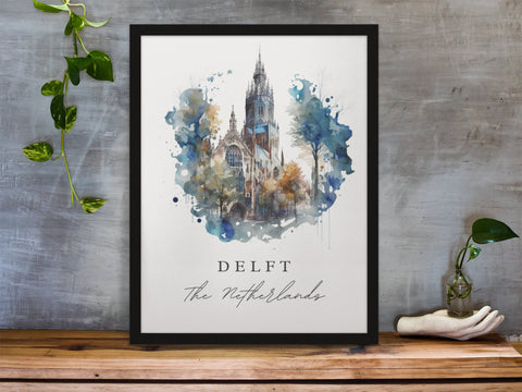 Delft traditional travel art - Netherlands, Delft poster, Wedding gift, Birthday present, Custom Text, Personalised Gift