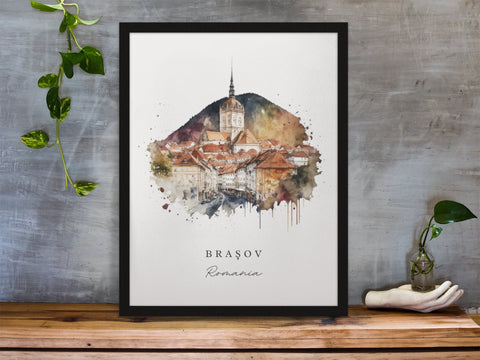 Brasov traditional travel art - Romania, Brasov poster, Wedding gift, Birthday present, Custom Text, Personalised Gift