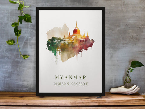 Myanmar traditional travel art - Myanmar poster, Wedding gift, Birthday present, Custom Text, Personalised Gift
