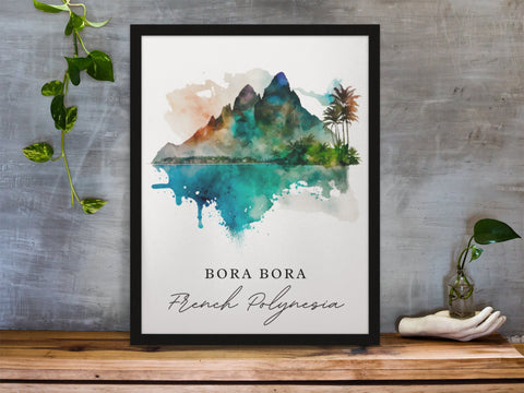 Bora Bora traditional travel art - French Polynesia, Bora Bora poster, Wedding gift, Birthday present, Custom Text, Personalised Gift