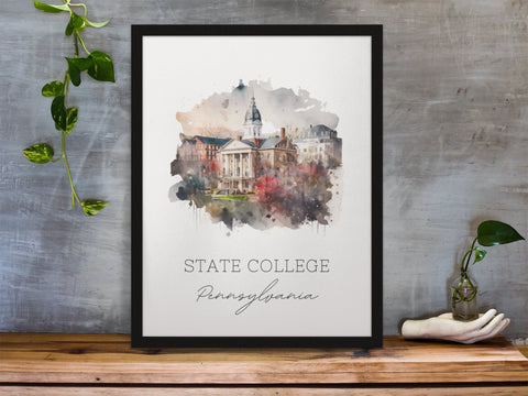 State College traditional travel art - Pennsylvania, Penn State poster, Wedding gift, Birthday present, Custom Text, Personalised Gift
