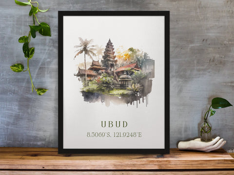 Ubud traditional travel art - Bali, Ubud poster, Wedding gift, Birthday present, Custom Text, Personalised Gift