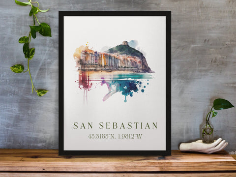 San Sebastian traditional travel art - Spain, San Sebastian poster, Wedding gift, Birthday present, Custom Text, Personalised Gift