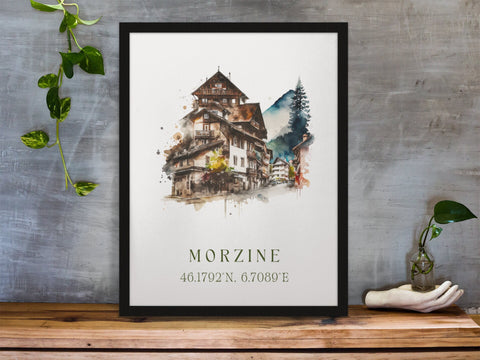 Morzine traditional travel art - France, Morzine poster, Wedding gift, Birthday present, Custom Text, Personalised Gift