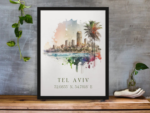 Tel Aviv traditional travel art - Israel, Tel Aviv poster, Wedding gift, Birthday present, Custom Text, Personalised Gift