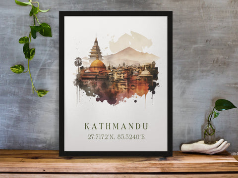 Kathmandu traditional travel art - Nepal, Kathmandu poster, Wedding gift, Birthday present, Custom Text, Personalised Gift