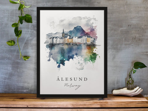 Alesund traditional travel art - Norway, Alesund poster, Wedding gift, Birthday present, Custom Text, Personalised Gift