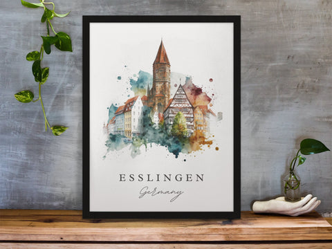 Esslingen traditional travel art - Germany, Esslingen poster, Wedding gift, Birthday present, Custom Text, Personalised Gift