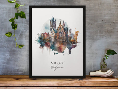 Ghent traditional travel art - Belgium, Ghent poster, Wedding gift, Birthday present, Custom Text, Personalised Gift