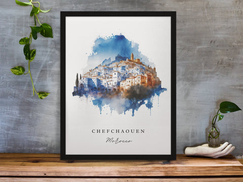 Chefchaouen traditional travel art - Morocco, Chefchaouen poster, Wedding gift, Birthday present, Custom Text, Personalised Gift