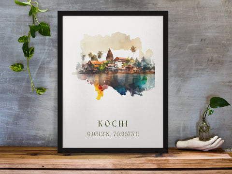 Kochi traditional travel art - India, Kochi Kerala poster, Wedding gift, Birthday present, Custom Text, Personalised Gift