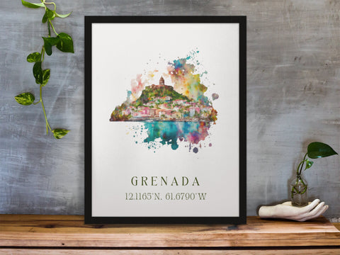 Grenada traditional travel art - Carribean, Grenada poster, Wedding gift, Birthday present, Custom Text, Personalised Gift