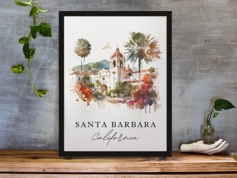 Santa Barbara traditional travel art - California, Santa Barbara poster, Wedding gift, Birthday present, Custom Text, Personalised Gift