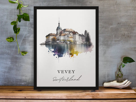 Vevey traditional travel art - Switzerland, Vevey poster, Wedding gift, Birthday present, Custom Text, Personalised Gift