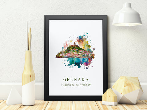 Grenada traditional travel art - Carribean, Grenada poster, Wedding gift, Birthday present, Custom Text, Personalised Gift
