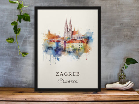 Zagreb traditional travel art - Croatia, Zagreb poster, Wedding gift, Birthday present, Custom Text, Personalised Gift
