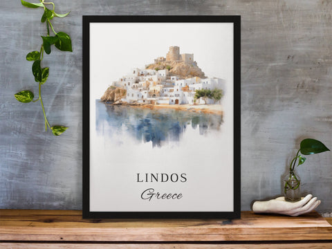 Lindos traditional travel art - Greece, Lindos poster, Wedding gift, Birthday present, Custom Text, Personalised Gift