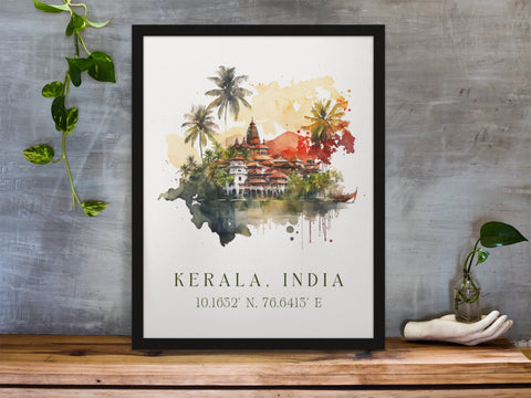 Kerala traditional travel art - India, Kerala poster, Wedding gift, Birthday present, Custom Text, Personalised Gift