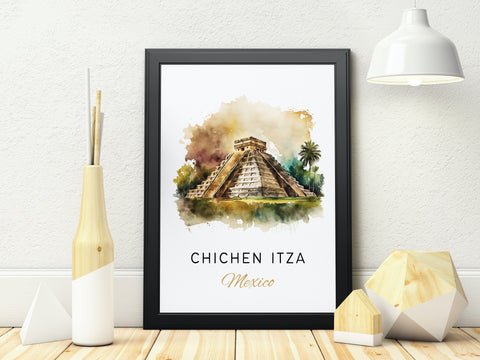 Chichen Itza traditional travel art - Mexico, Chichen Itza poster, Wedding gift, Birthday present, Custom Text, Personalised Gift
