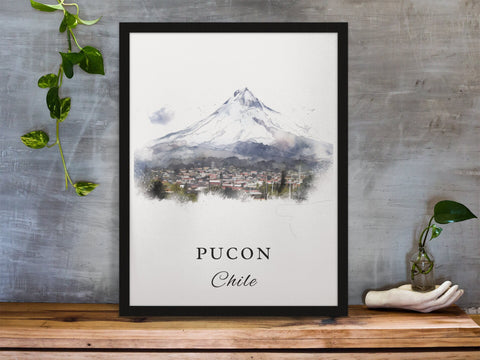 Pucon traditional travel art - Chile, Pucon Volcano poster, Wedding gift, Birthday present, Custom Text, Personalised Gift