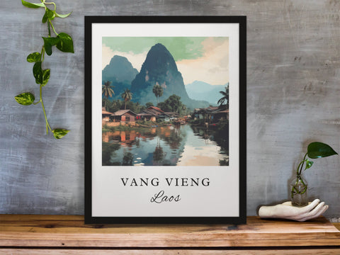 Vang Vieng traditional travel art - Laos, Vang Vieng poster, Wedding gift, Birthday present, Custom Text, Personalised Gift