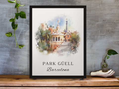 Park Guell traditional travel art - Spain, Barcelona poster, Wedding gift, Birthday present, Custom Text, Personalised Gift