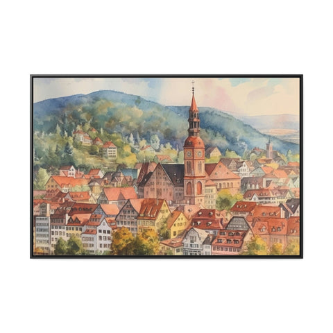 Heidelberg, Germany: Charming Framed Watercolor Gallery Wrap - Authentic German Historic Cityscape Wall Art Décor