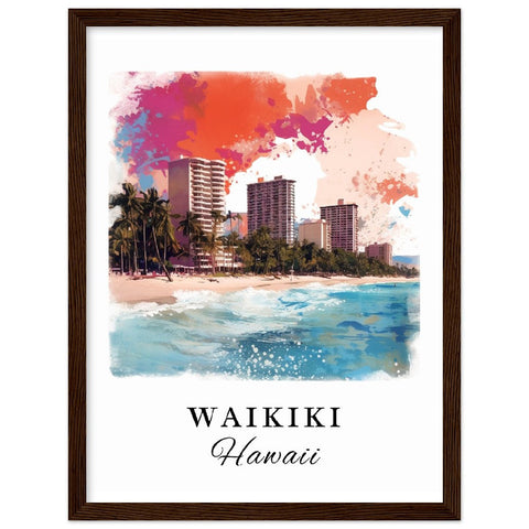 Waikiki traditional travel art - Hawaii, Waikiki poster, Wedding gift, Birthday present, Custom Text, Personalised Gift