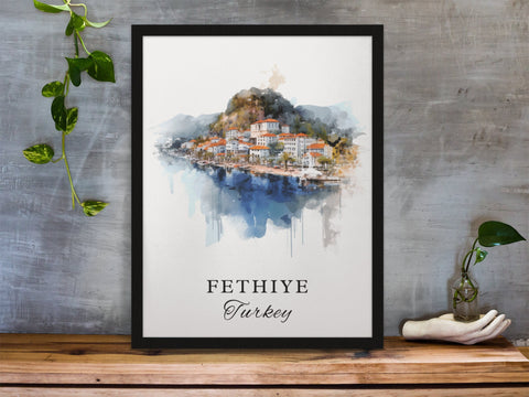 Fethiye traditional travel art - Turkey, Fethiye poster, Wedding gift, Birthday present, Custom Text, Personalised Gift