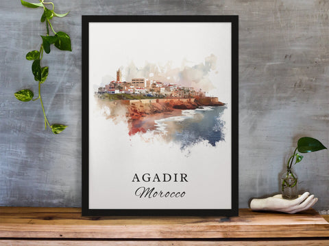 Agadir traditional travel art - Morocco, Agadir poster, Wedding gift, Birthday present, Custom Text, Personalised Gift
